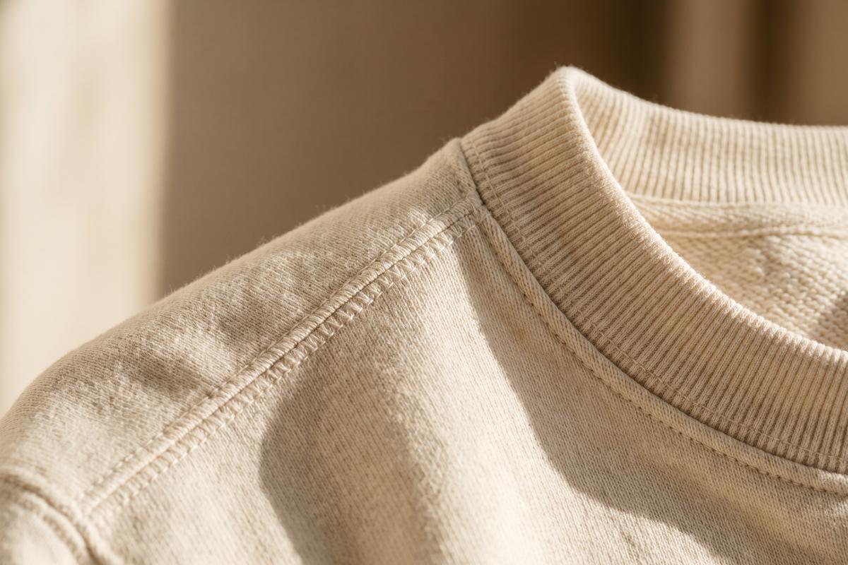 Close-up of the ribbed collar and shoulder seam of a cream cotton sweatshirt