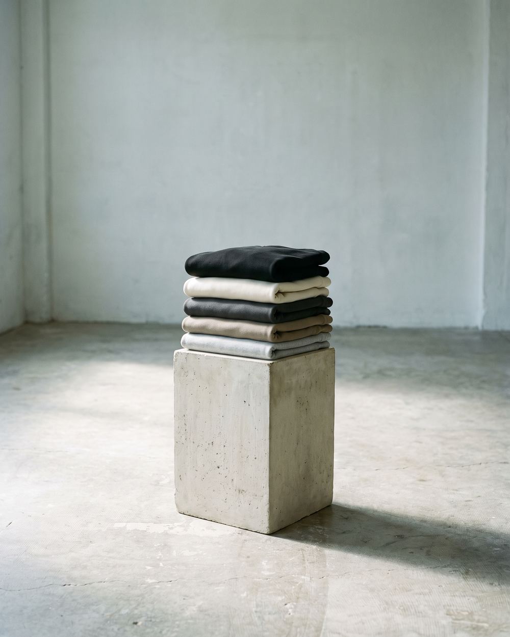 A folded stack of cotton garments in black, cream and stone